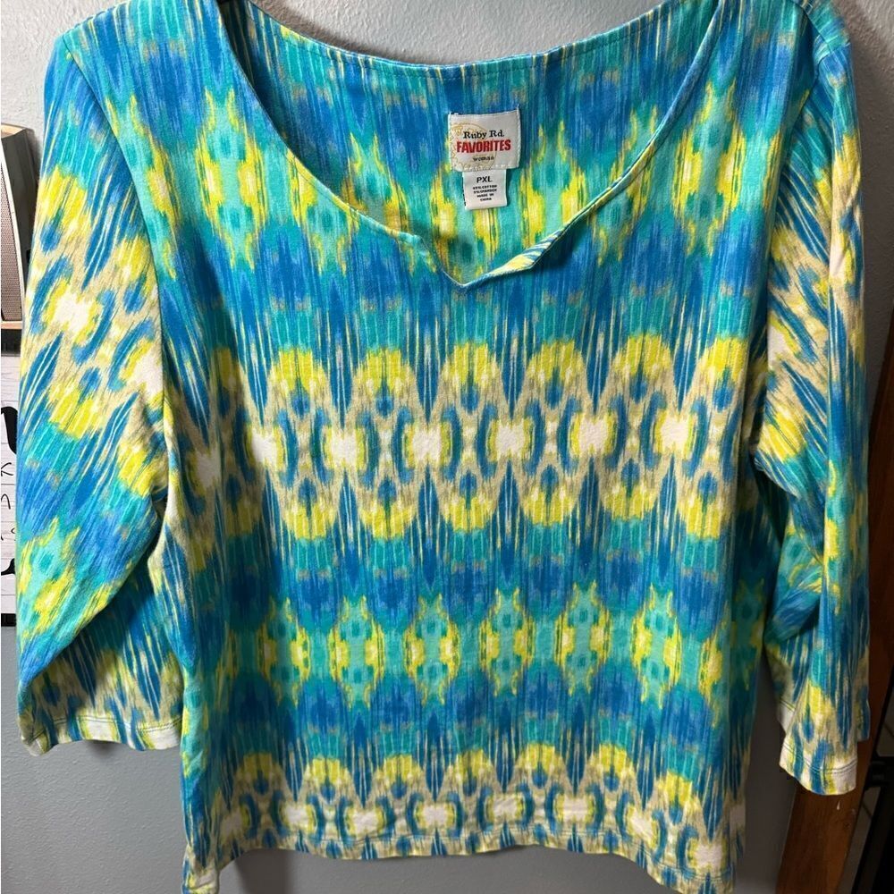 Ruby Red Favorites Multi Color Blue Green 3/4 Sleeve Cotton/ spandex Top Sz PXL - Picture 2 of 9